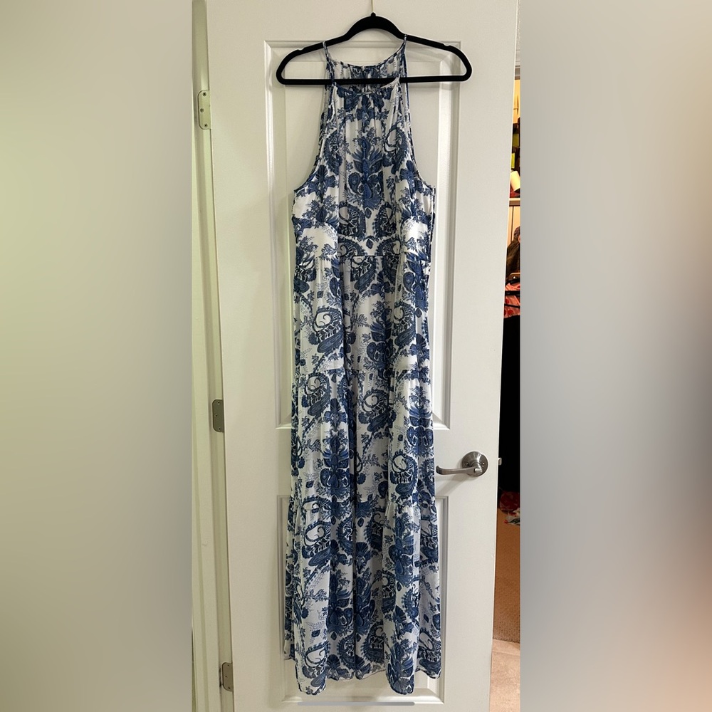Bisou Bisou Blue and White Halter Maxi Sundress